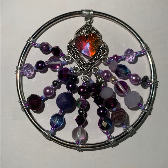 Hand Crafted Other - Handcrafted Silver and Purple Beaded Wire Wrapped Ornament with Hear Pendant